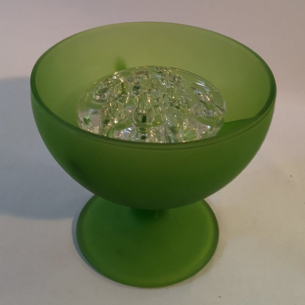 Vintage Frosted / Matte Green Glass Pedestal Vase with Clear Glass Flower Frog